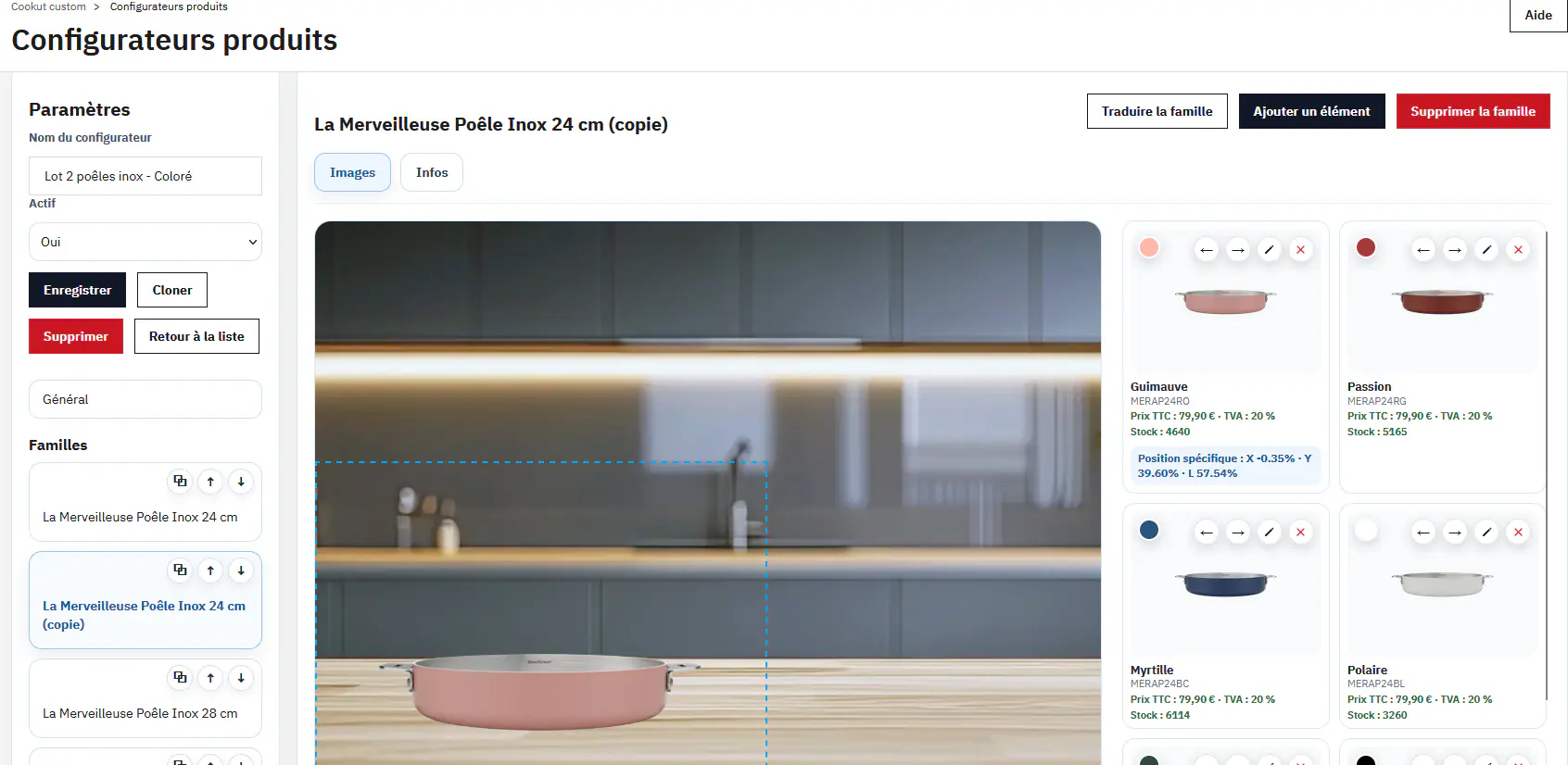 Back-office du configurateur Cookut avec familles de produits et options