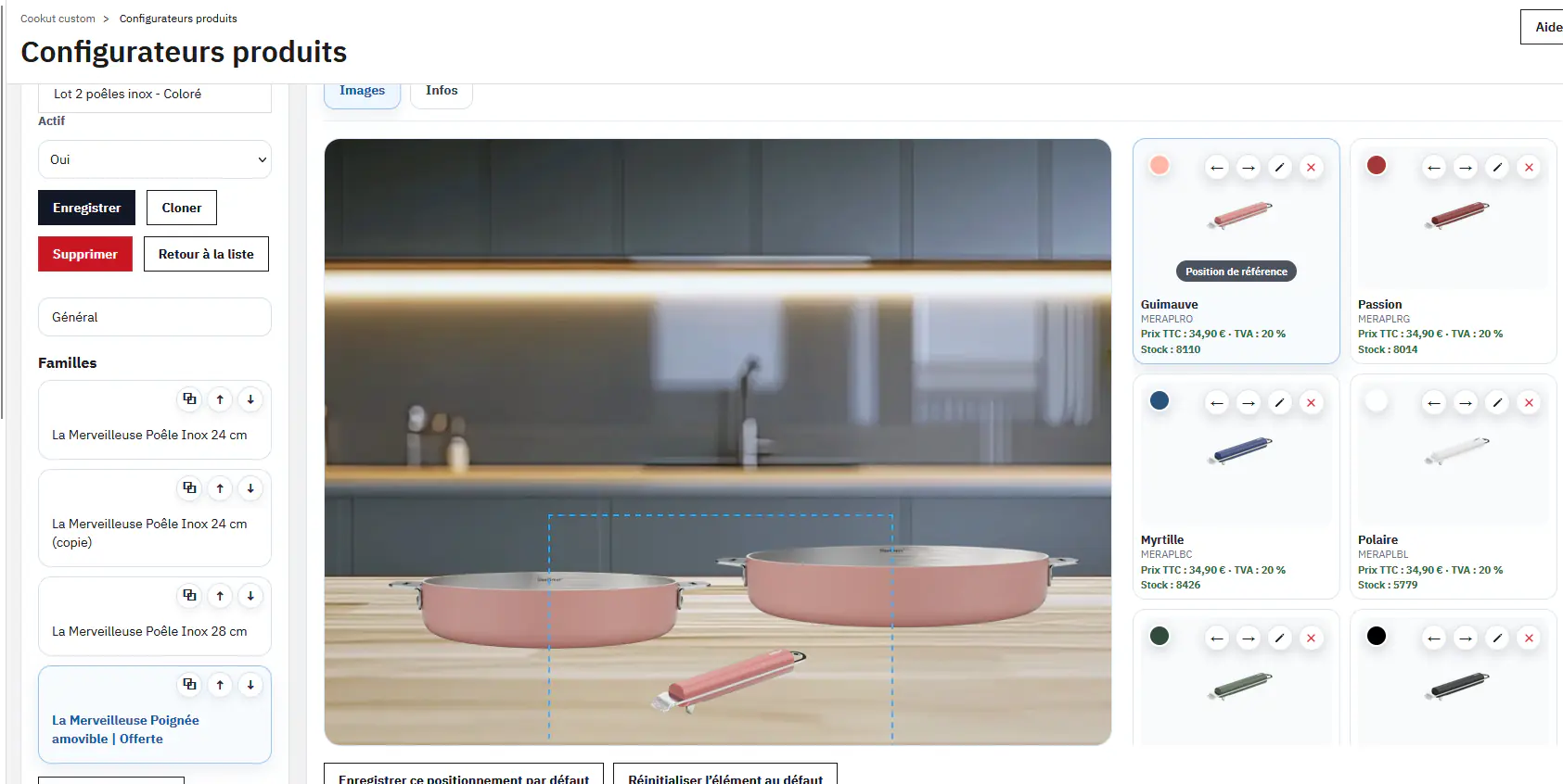 Positionnement visuel des éléments du produit dans le configurateur Cookut