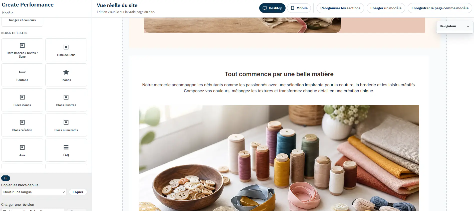 Éditeur visuel Create Performance avec bibliothèque de widgets et aperçu de la page