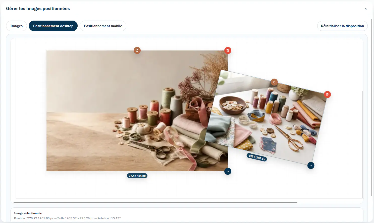 Interface de positionnement libre de plusieurs images dans Create Performance