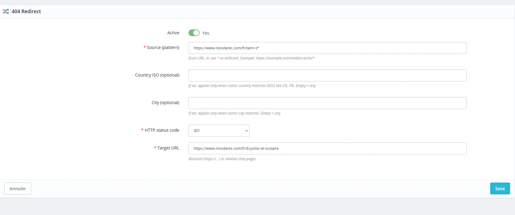 Formulaire de création d’une redirection avec motif source et URL cible