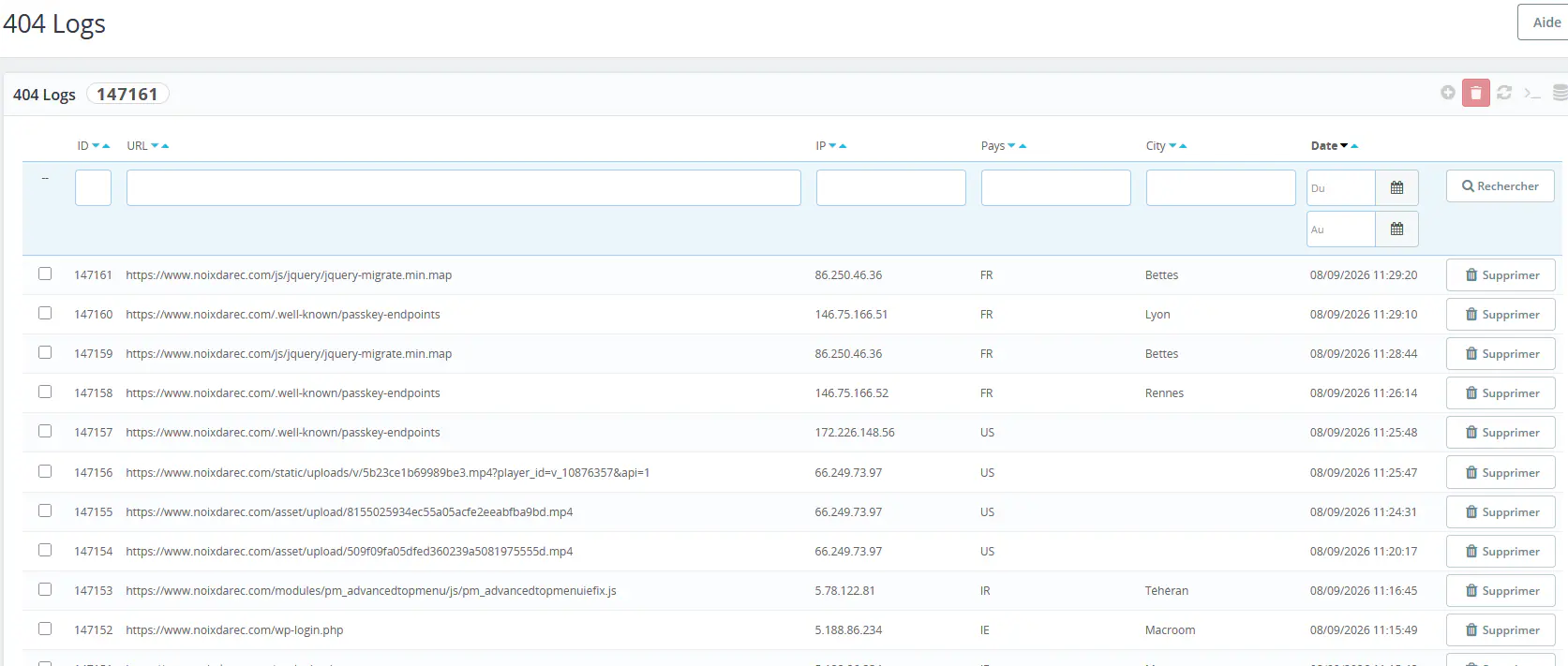 Journal filtrable des erreurs 404 enregistrées dans le back-office