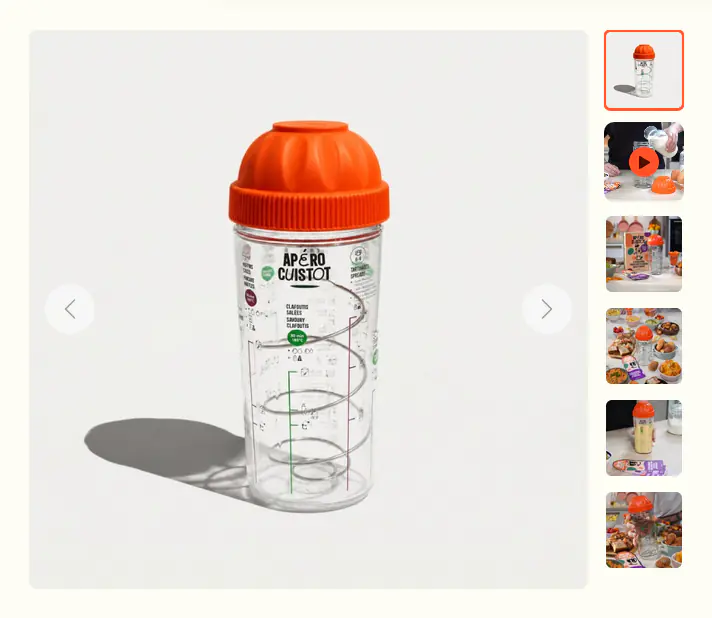 Galerie produit affichant une miniature vidéo au milieu des images